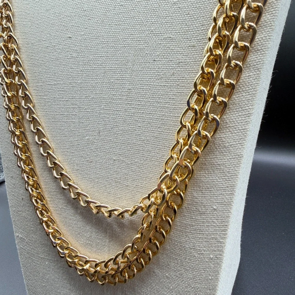 Gold Tone Triple Strand Chain Necklace Clear Rhinestone Statement Layered Boho